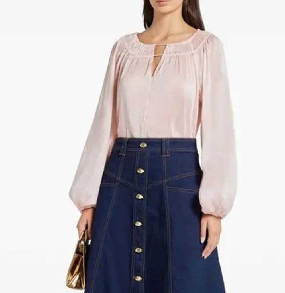 Aje Pink Silk Linen Gathered Sleeve Blouse (Small)